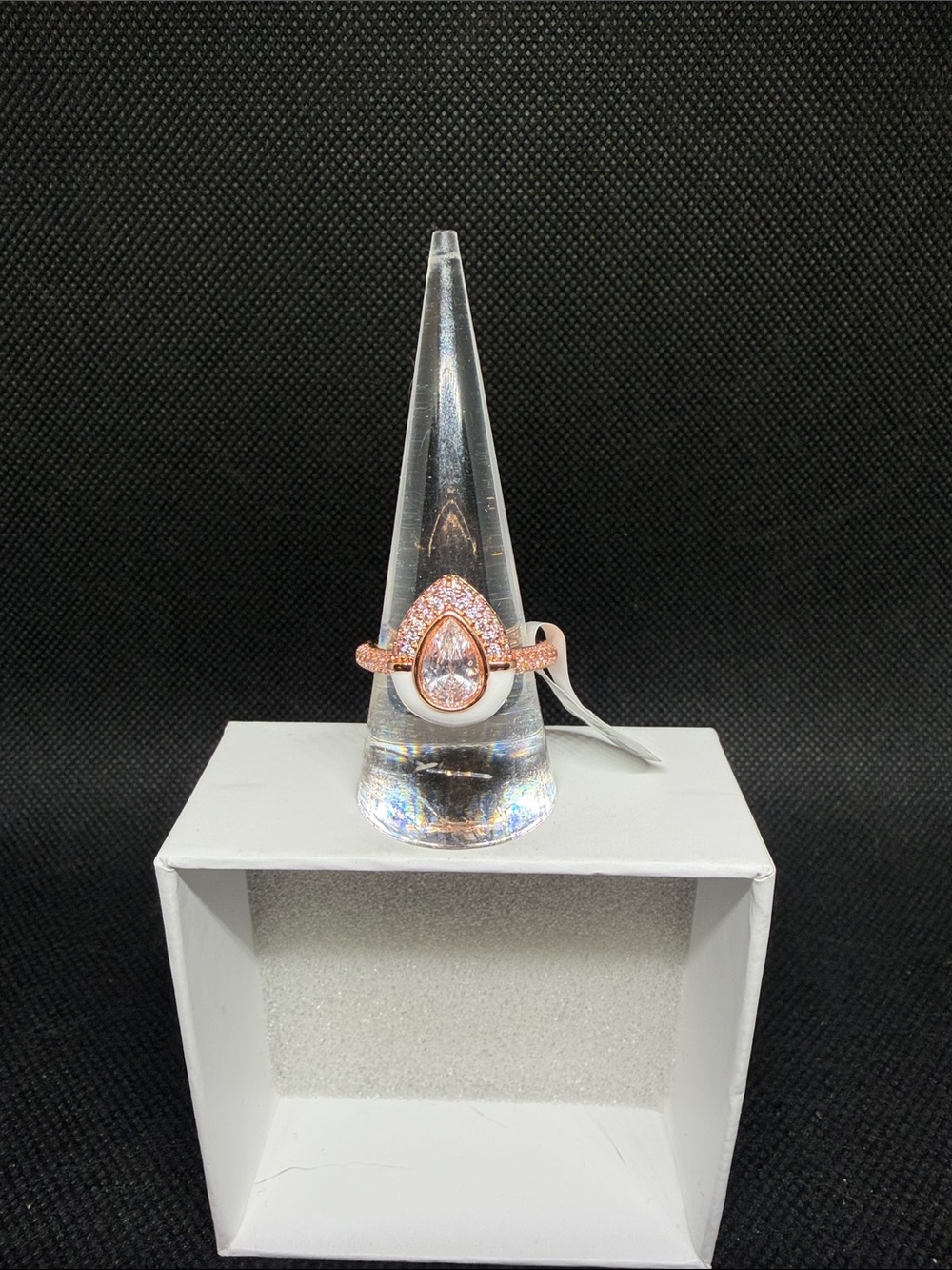 Rose Gold Teardrop Ring with Pink Center Stone and White Enamel